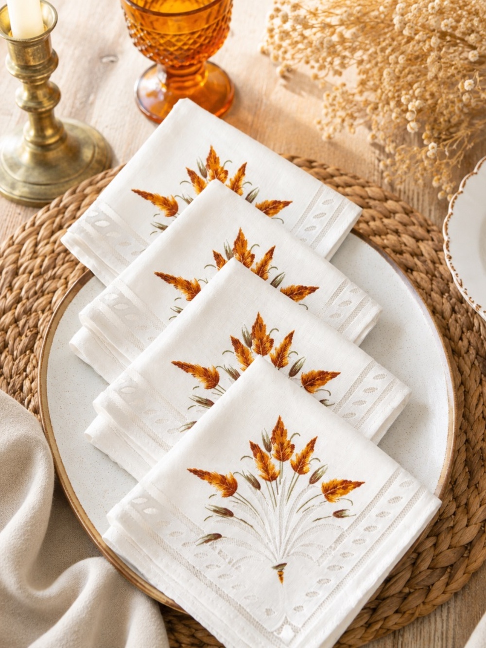 Farmhouse Wheat Print Napkins Cottagecore Rustic Cream Table Linens
